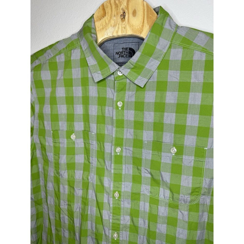 The North Face Mens Button Up Short Sleeve Shirt Check Print Green Gray XL